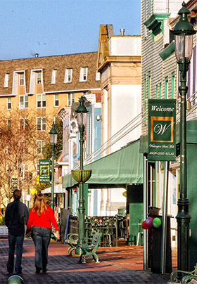 Daytime picture of Washington Mall shoppers strolling past stores with green awnings